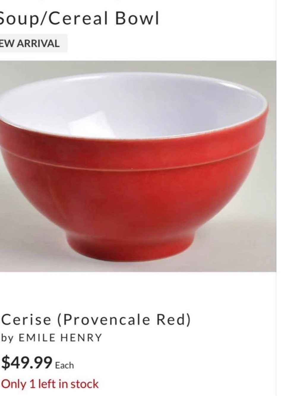 Emile Henry Cerise Red Ceramic Soup/Cereal Bowl